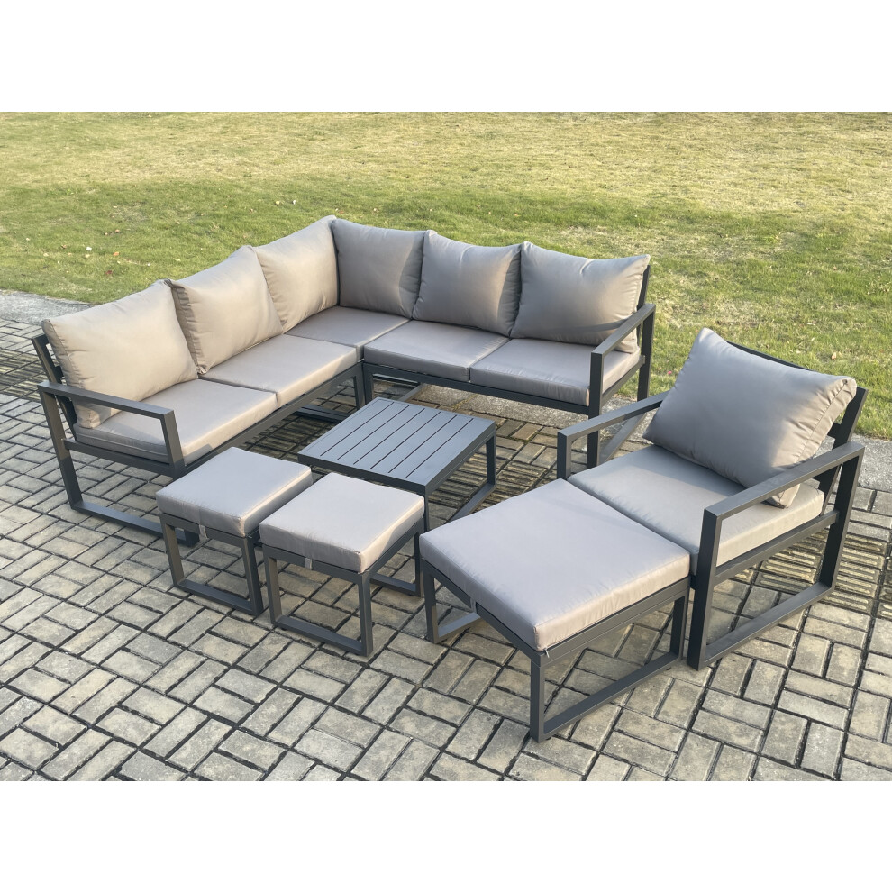 Fimous Dark/Grey Outdoor Garden Furniture Set Aluminium Lounge Sofa Square Coffee Table Sets With Chair 3 Footstools Indoor Conservatory Set - Image 2