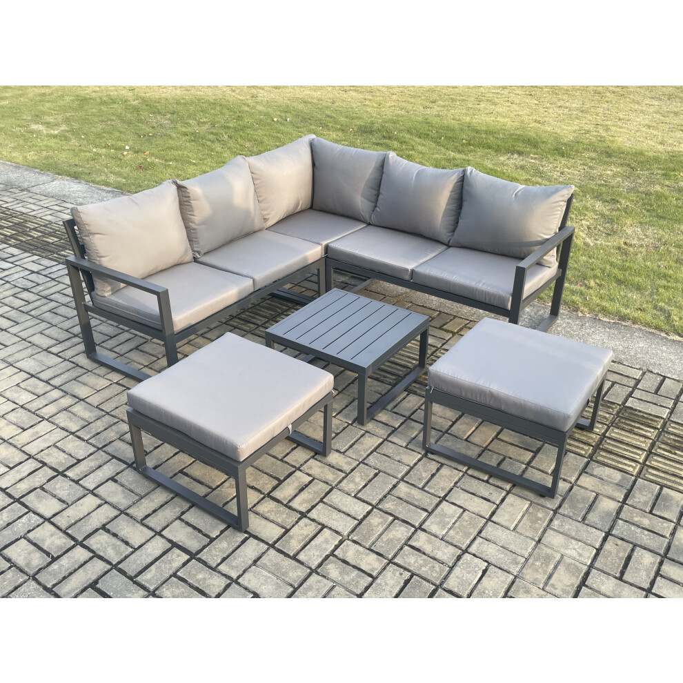 Fimous Unisex Dark Grey Outdoor Garden Furniture Set Aluminium Lounge Sofa Square Coffee Table Sets With Big Footstool Size 2 - Image 2