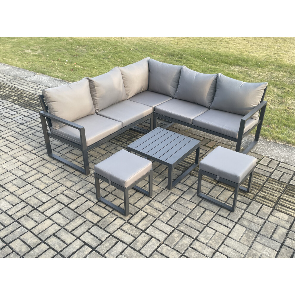 Rackhams Dark/Grey Outdoor Garden Furniture Set Aluminium Lounge Sofa Square Coffee Table Sets With 2 Small Footstools Indoor Conservatory Set - Image 3