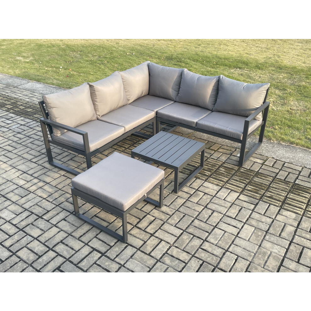 Fimous Unisex Dark Grey Outdoor Garden Furniture Set Aluminium Lounge Sofa Square Coffee Table Sets With Big Footstool Set Size 6 - Image 3