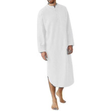(white, M) Cotton Muslim Sleepwear: Soft One-piece Nightshirt For Men, Long Plain Pajama Gown Hk
