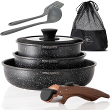 Kitchen Academy Non Stick Pots and Pans Set, Detachable Handle Induction Hob Pans Set,10 Piece Black Granite Cookware Set