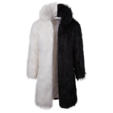 (black and white, 2XL) Mens Long Faux Fur Coat Winter Stand Collar Jacket Outerwear Overcoat