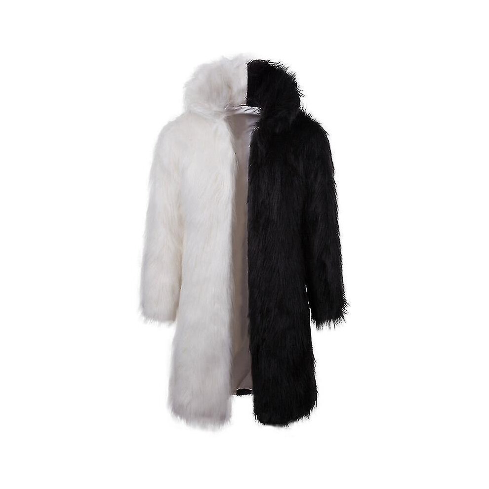 (black and white, 2XL) Mens Long Faux Fur Coat Winter Stand Collar Jacket Outerwear Overcoat