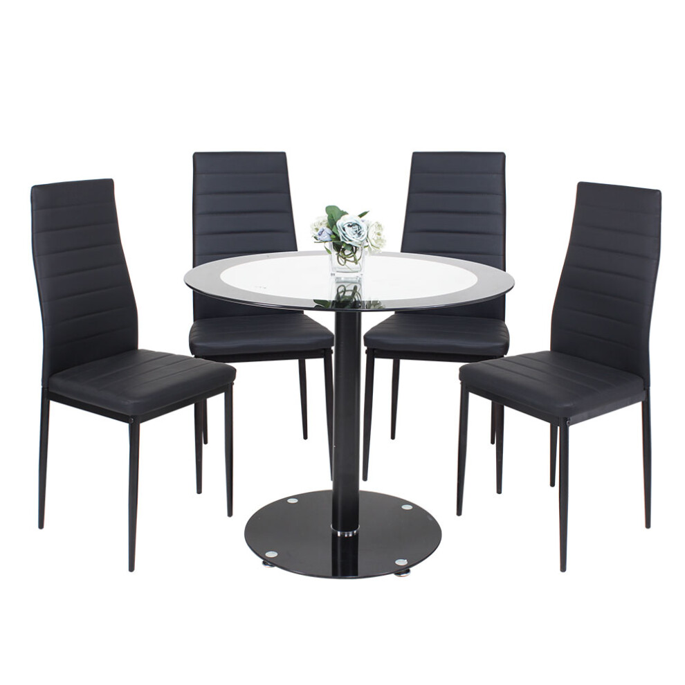 Black Dining Table and Chairs Set of 4, Round Tempered Glass Table with High Back PU Leather Chairs