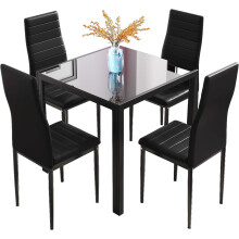 (Black) Glass Table and Chairs Set 4, 75cm Square Table with 4 Faux Leather High Back Chairs Modern Dining Room Sets for Home Kitchen Office