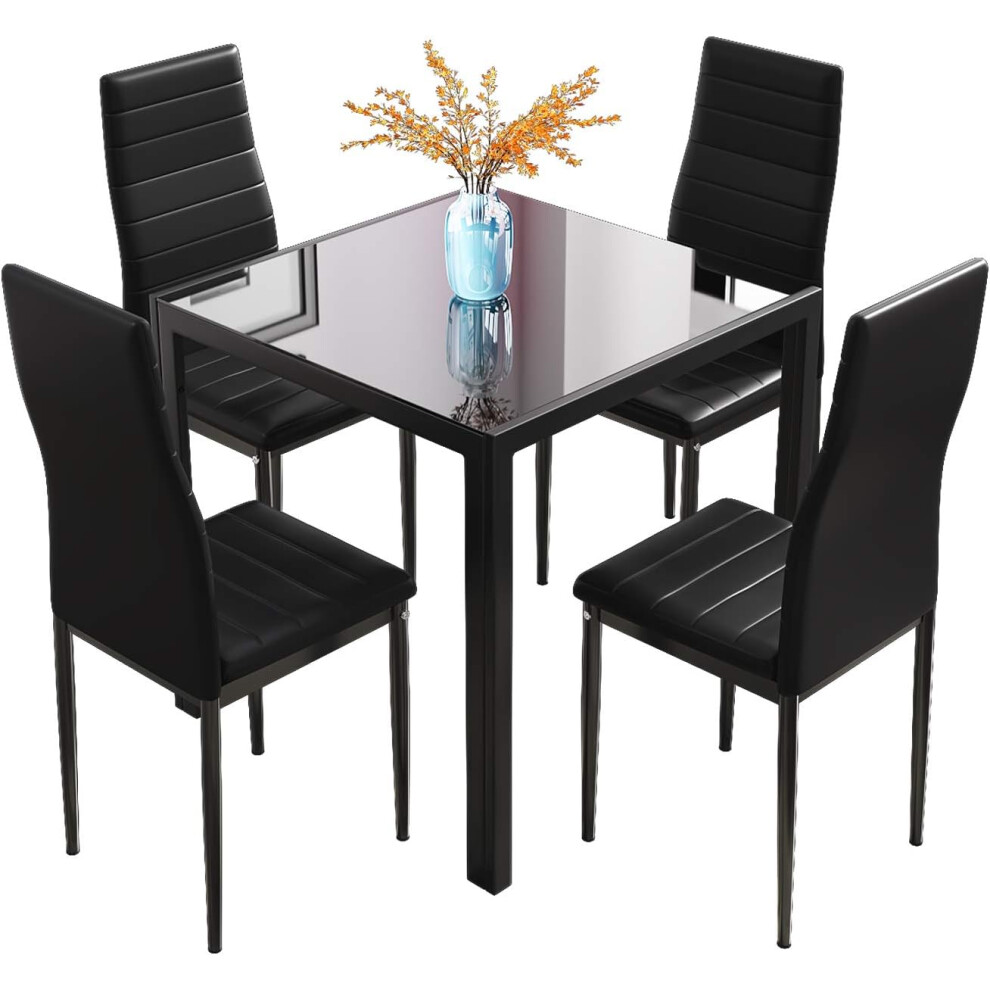 (Black) Glass Table and Chairs Set 4, 75cm Square Table with 4 Faux Leather High Back Chairs Modern Dining Room Sets for Home Kitchen Office