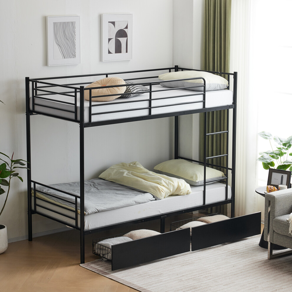 Metal Twin Bunk Bed with Two Storage Drawers & Guard Rail For Kids Teens Adults
