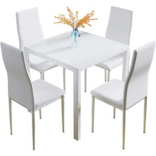 (White) Glass Table and Chairs Set 4, 75cm Square Table with 4 Faux Leather High Back Chairs Modern Dining Room Sets for Home Kitchen Office