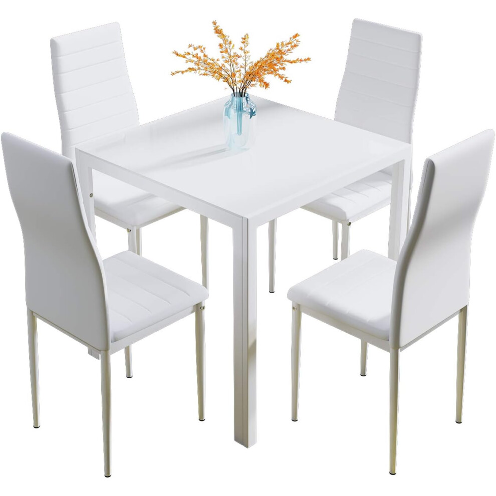(White) Glass Table and Chairs Set 4, 75cm Square Table with 4 Faux Leather High Back Chairs Modern Dining Room Sets for Home Kitchen Office