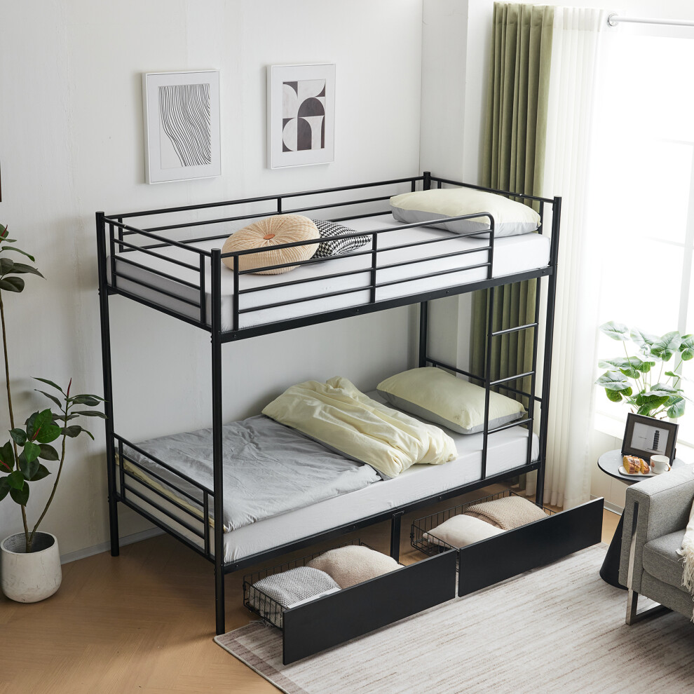 Metal Twin Over Twin Bunk Bed with Two Storage Drawers & Full-Length Guard Rail