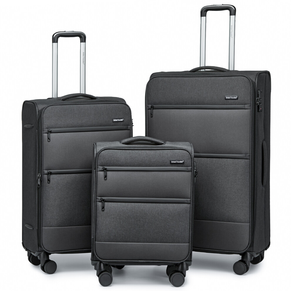 (Black) 3 Pieces 20+24+28 inch 600D Polyester and a Leather Trolley Suitcase