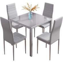 (Grey) Glass Table and Chairs Set 4, 75cm Square Table with 4 Faux Leather High Back Chairs Modern Dining Room Sets for Home Kitchen Office