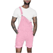 (Pink, M) Men Casual Fashion Solid Breast Pocket Denim Shorts Straight Type Overalls - B