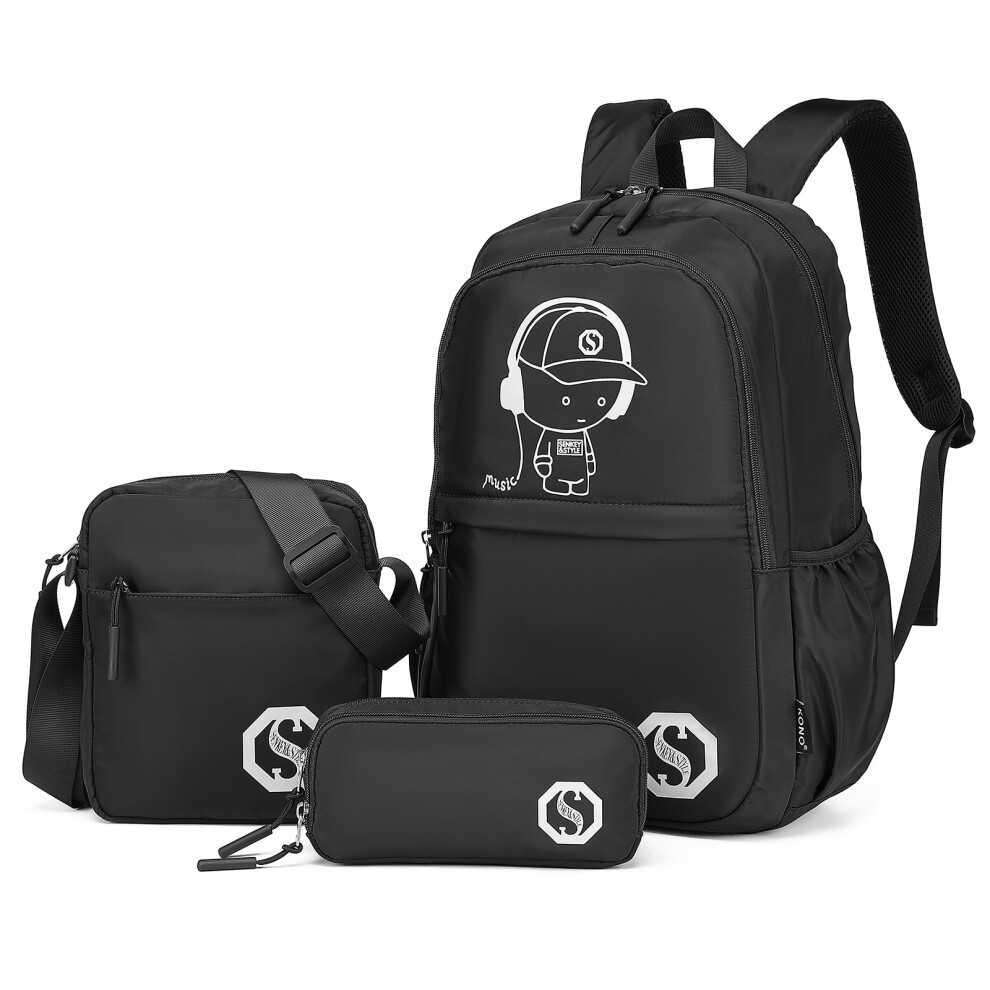 (Black) Children 3-Piece Glow-In-The-Dark School Backpack Set With Crossbody Bag And Pencil Case