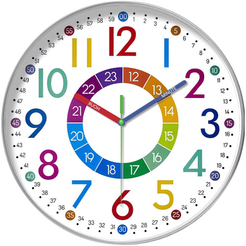 (Colourful 12/24 Hour Clock) Colourful Childrens Easy Time Clock Silent Movement