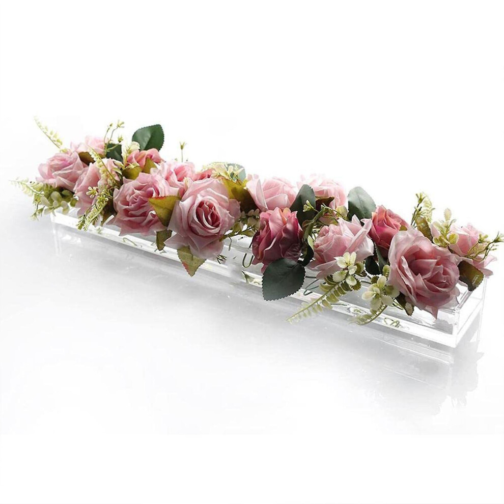 (Without lights, L) Clear Acrylic Flower Vase Rectangular Floral Centerpiece For Dining Table, Long Rectangle Acrylic Vase For Home Wedding Dining Table Decor