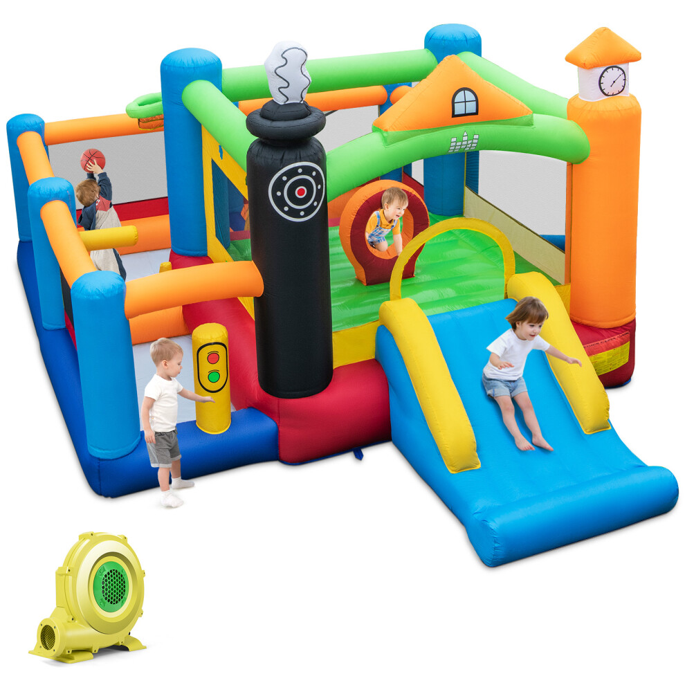 Inflatable Bouncy Castle Train Themed W/Slide Basketball Hoop & Blower