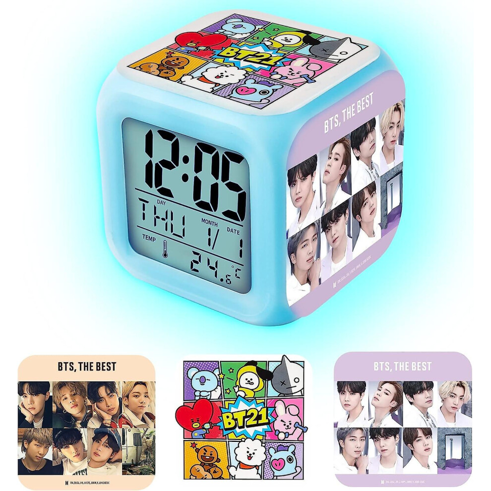 Colorful Led Digital Alarm Clock, For Bts Color Night Light Clock To Wake Sleep, Easy-to-set 3-sided Patterned Cube With Thermometer, Goods