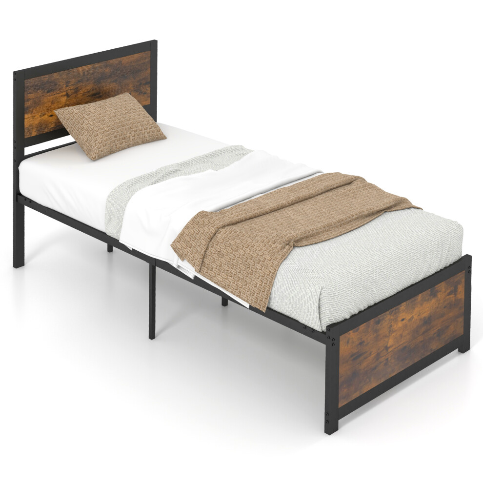 Industrial Single Bed Frame Metal Platform Bed w/Headboard Metal Slats