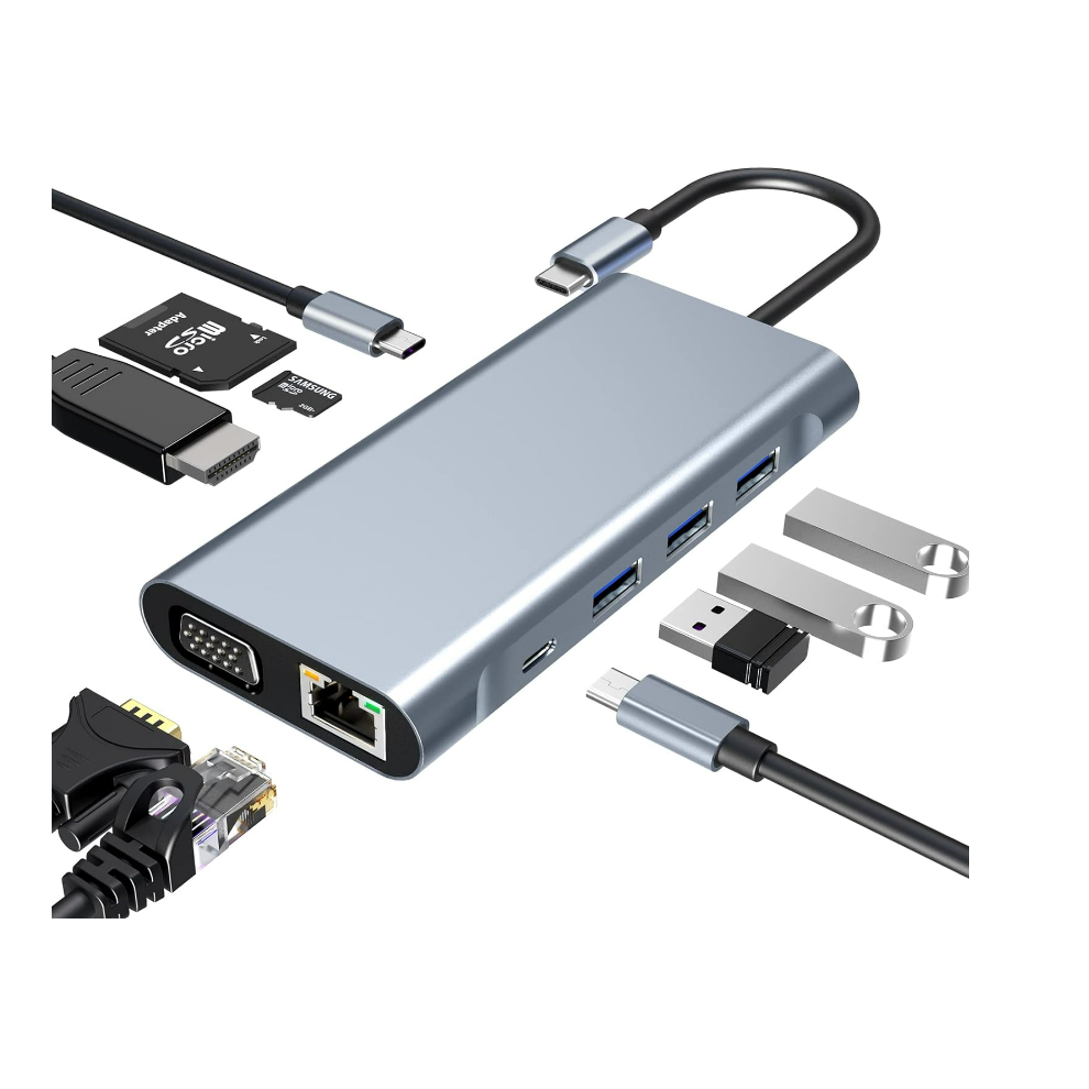 Chronus Usb C Adapter 10-In-1, Docking Station With 4K-Hdmi, Vga, Usb 3.0, Usb C Port, 100W Pd, Rj45 Ethernet, Sd/Tf Card Reader(Gray) Gray 6976918335241