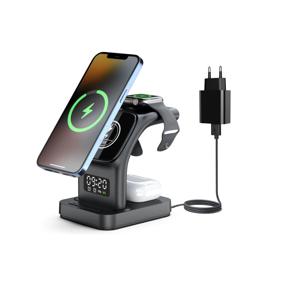 Chronus 5 In 1 15W Wireless Charging Station With Alarm Clock & Night Compatible With Magsafe Iphone 14/13/12, Apple Watch,Airpods(Black) Light/Black 6976918334633