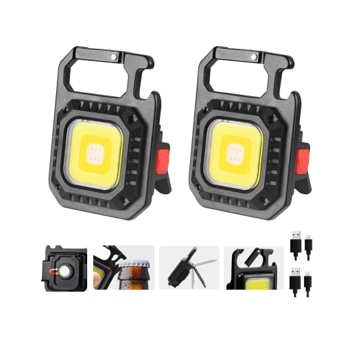Rechargeable Keychain Work Light LED Camping Lantern, 2Pcs Mini COB Flashlight, 7 Light Modes Multifunctional Portable Mini Pocket Light(Black)