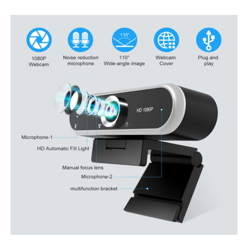 Webcam 1080P com microfone, tampa da webcam e correção de luz automática para laptop, PC e desktop (preta) 1
