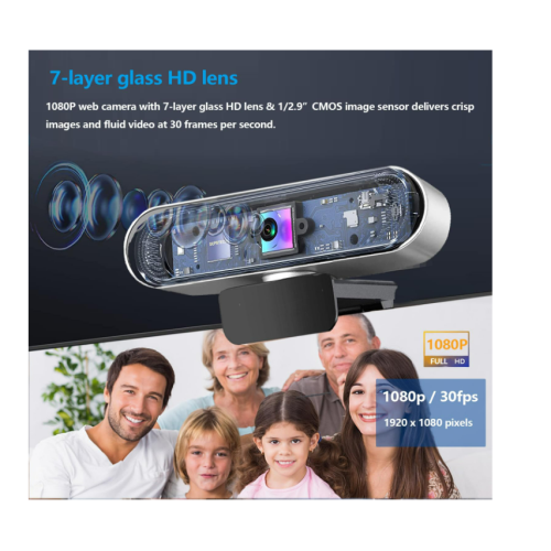 Webcam, Webcam with Microphone, Web Camera, Full HD 1080p/30fps, Plug and Play, Auto Light Correction, Noise-Reducing Mic(Black) 1