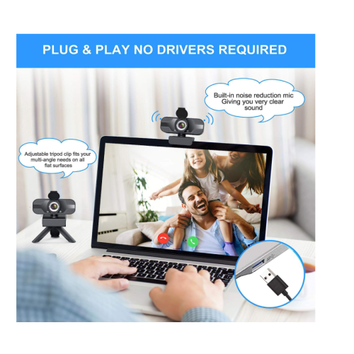 Webcam com microfone para desktop, câmera de streaming USB 1080P, grande angular, flexível para PC, jogos, Skype (preta) 1