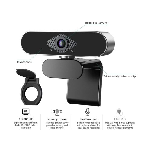 Webcam 1080P HD USB com microfone e capa de privacidade, streaming ao vivo para Mac, PC, laptop (preta) 1