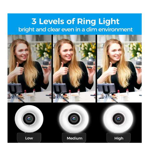 Webcam 2K FHD com microfone, USB Plug and Play, com Ring Light ajustável de 3 níveis para jogos (preta) 2