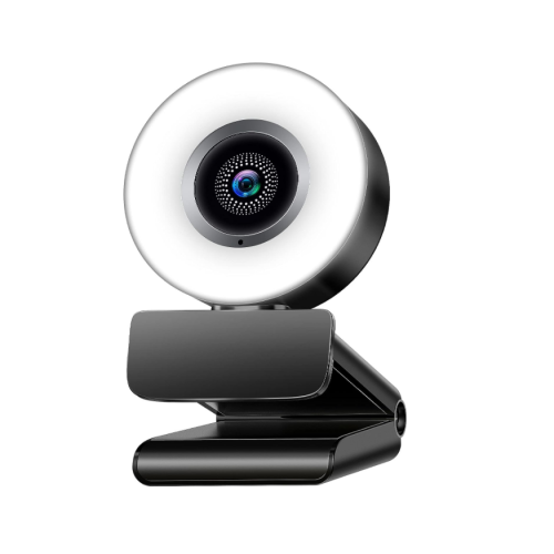 Webcam 2K FHD com microfone, USB Plug and Play, com Ring Light ajustável de 3 níveis para jogos (preta)