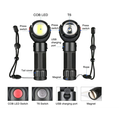 Bright Flashlight with Magnet COB Work Light 360 Degree Rotating USB Rechargeable Outdoor Camping Flashlight(Black) 1