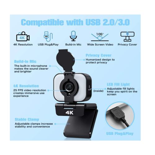 Webcam 4K avec trépied et éclairage de diffusion 1