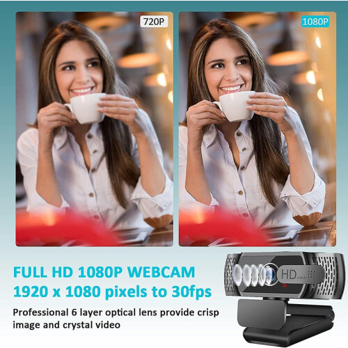 Webcam HD 1080P, microfone, correção automática de luz, USB, para videochamadas e streaming de vídeo (Preto) 2