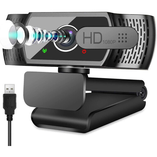 Webcam HD 1080P, microfone, correção automática de luz, USB, para videochamadas e streaming de vídeo (Preto)