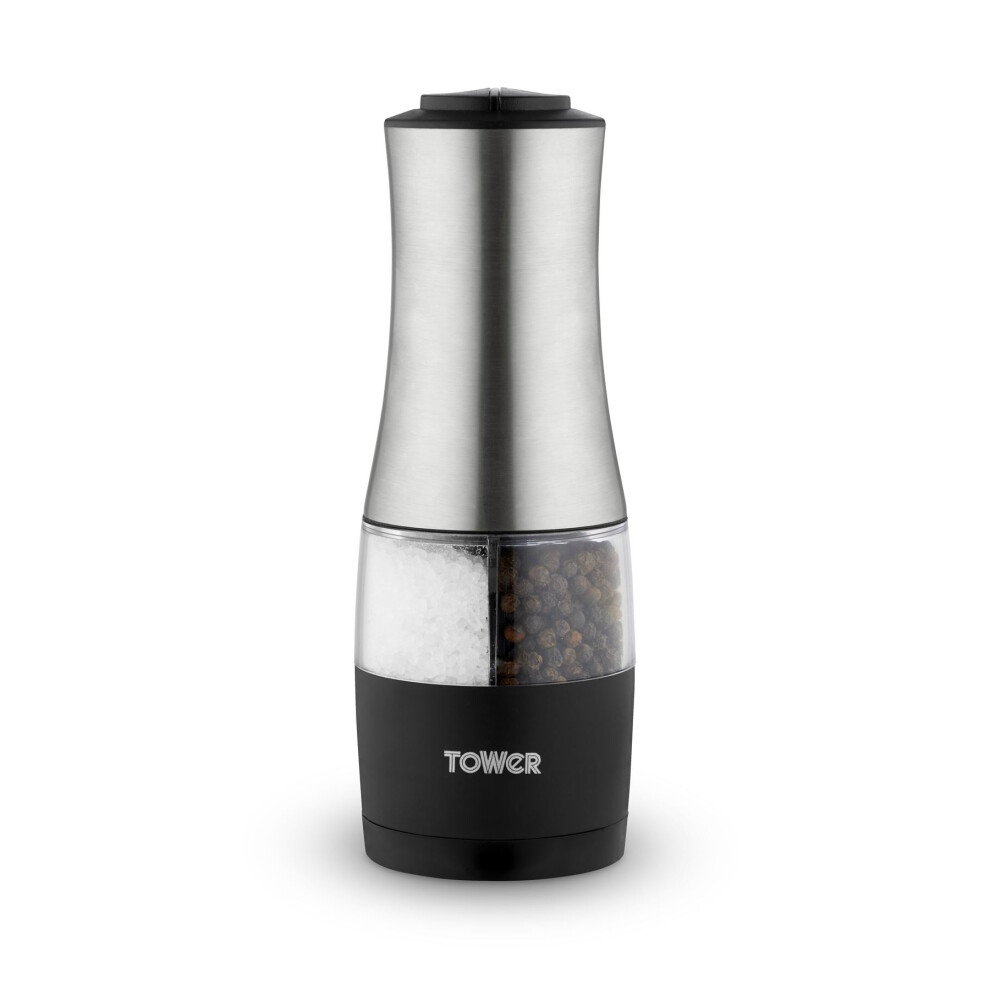 Tower T832248 Dual Electric Salt & Pepper Mill, Battery Operated with Adjustable Ceramic Grinders, Stainless Steel, Black