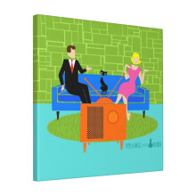 Canvas Print Only Retro Couple With Cat Wall Art Poster Room Decor 18x18 inch No Frame