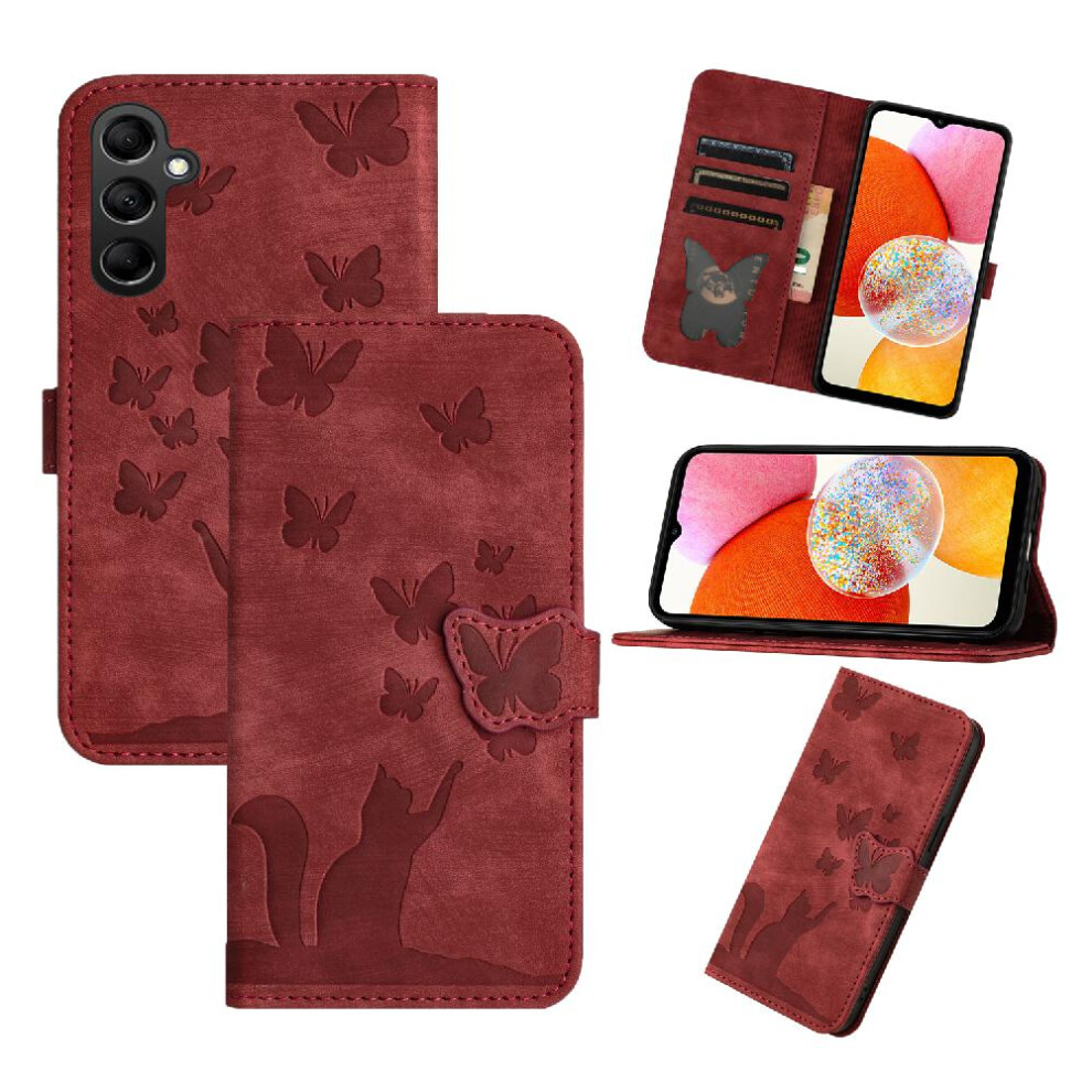 (Red) Case For Samsung Galaxy A24 4G Wallet Case Card Pocket Holder Cover Embossed Butterfly Cat Flip Folio Red 764762592479