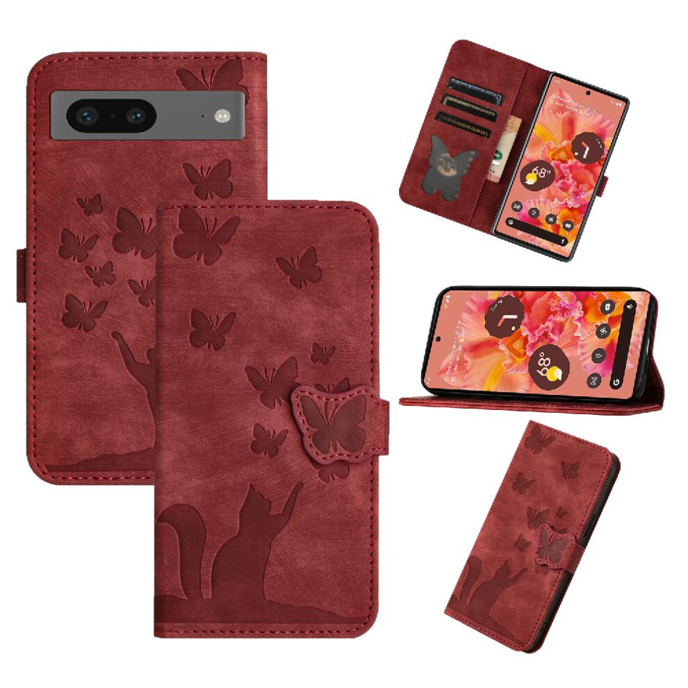 (Red) Case For Google Pixel 8 Wallet Case Flip Folio Card Pocket Holder Cover Embossed Butterfly Cat Red 764762593315