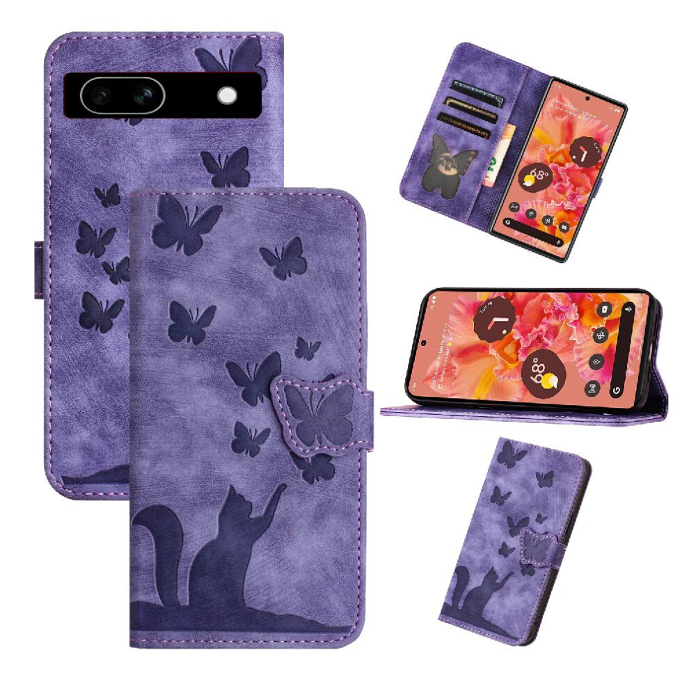 (Purple) Case For Google Pixel 7A Card Pocket Embossed Butterfly Cat Holder Cover Wallet Case Flip Folio Purple 764762593551