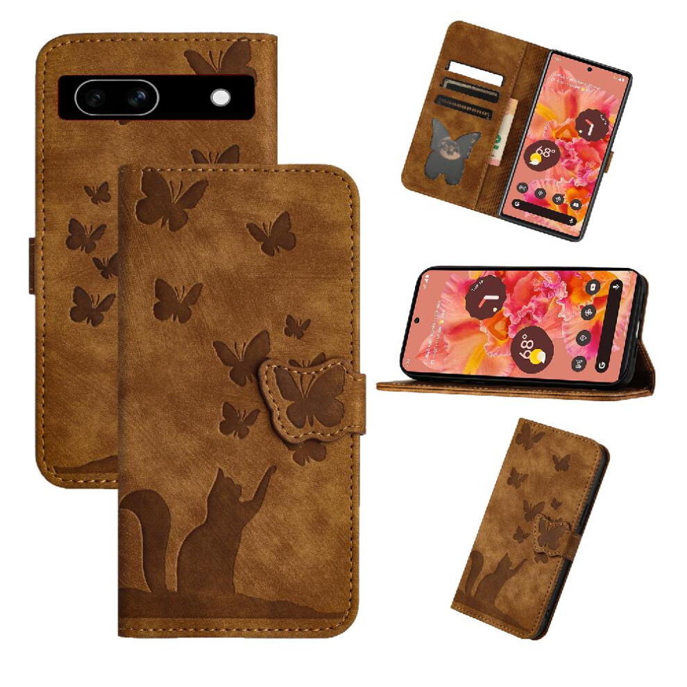 (Brown) Case For Google Pixel 7A Card Pocket Embossed Butterfly Cat Holder Cover Wallet Case Flip Folio Brown 764762593599