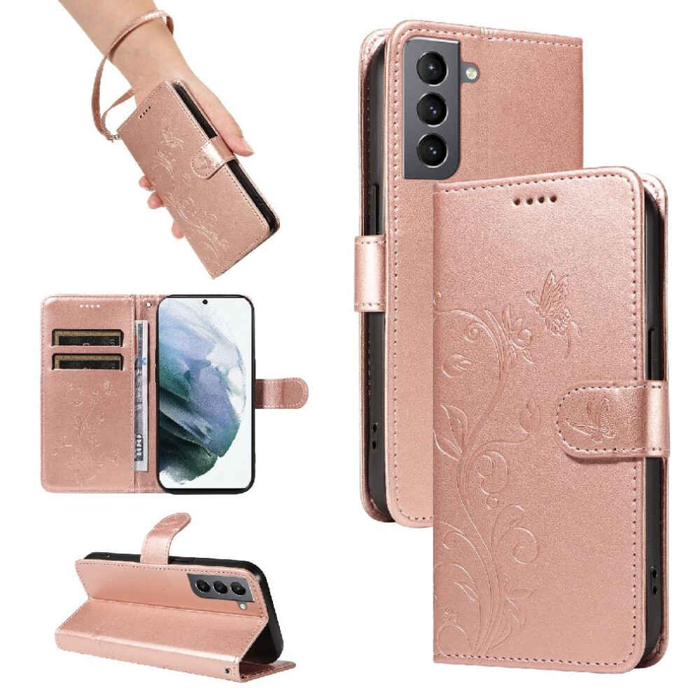 (Pink) Case For Samsung Galaxy S21 Fe Wallet Phone Case With Hand Strap Embossed Butterfly High Quality Leather And Card Slot Pink 764762593896