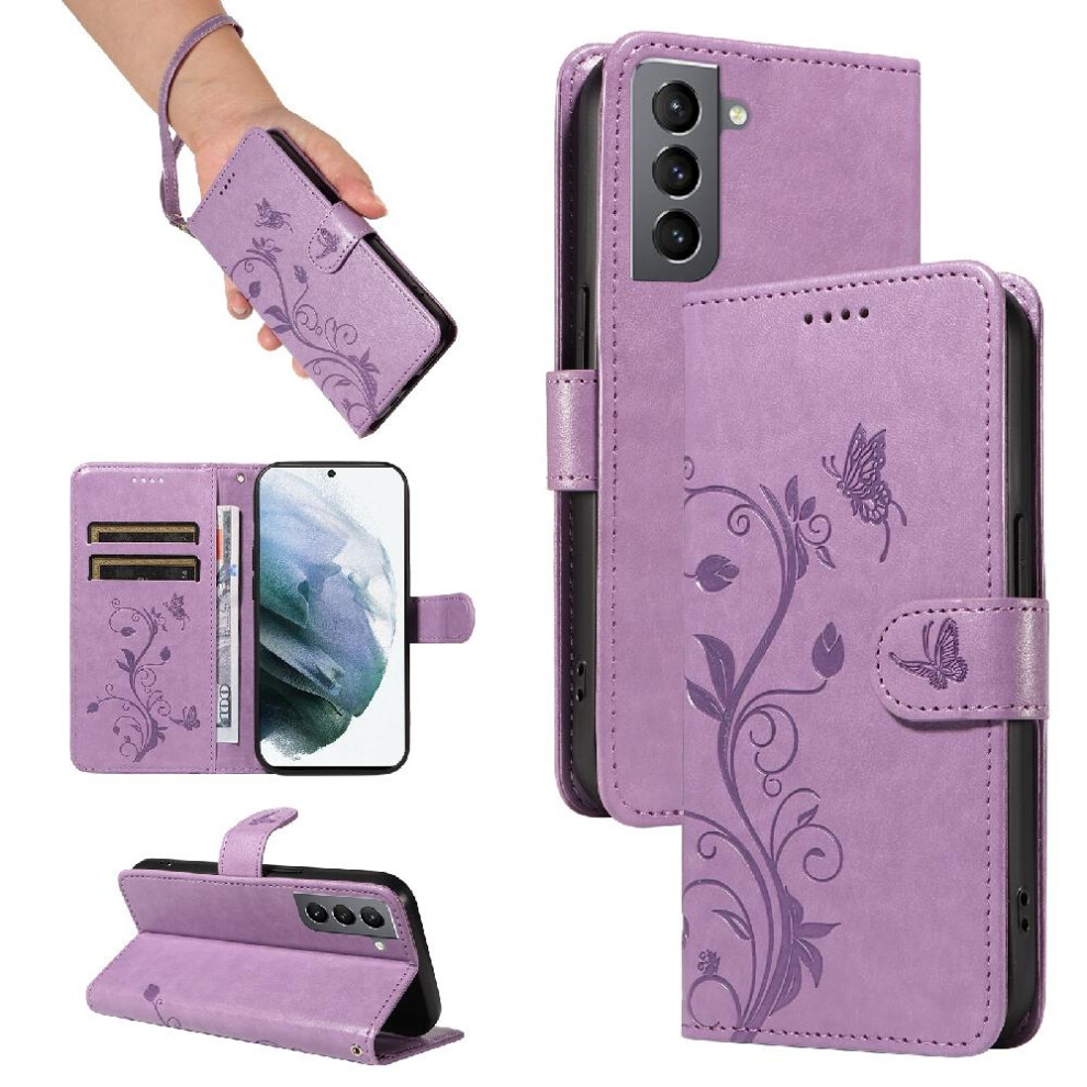 (Purple) Case For Samsung Galaxy S21 Fe Wallet Phone Case With Hand Strap Embossed Butterfly High Quality Leather And Card Slot Purple 764762593865