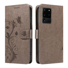 (Gray ) Case For Samsung Galaxy S20 Ultra Wallet Phone Case Embossed Butterfly And Card Slot High Quality Leather With Hand Strap