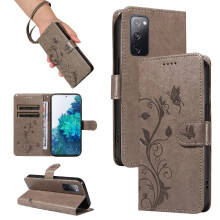 (Gray ) Case For Samsung Galaxy S20 FE With Hand Strap High Quality Leather And Card Slot Wallet Phone Case Embossed Butterfly
