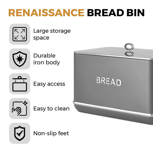 Tower Tower Renaissance Bread Bin T826175GRY, 16L, Grey - Elegant Pull-Lid Iron Storage for Fresh Bread 2