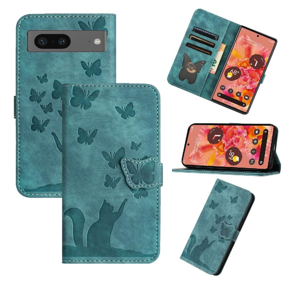 (Blue) Case For Google Pixel 8A Holder Cover Card Pocket Wallet Case Flip Folio Embossed Butterfly Cat Blue 764762594756