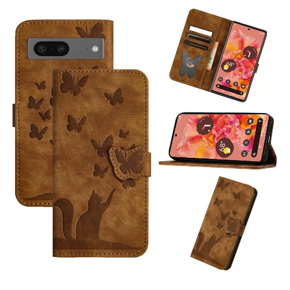 (Brown) Case For Google Pixel 8A Holder Cover Card Pocket Wallet Case Flip Folio Embossed Butterfly Cat Brown 764762594763